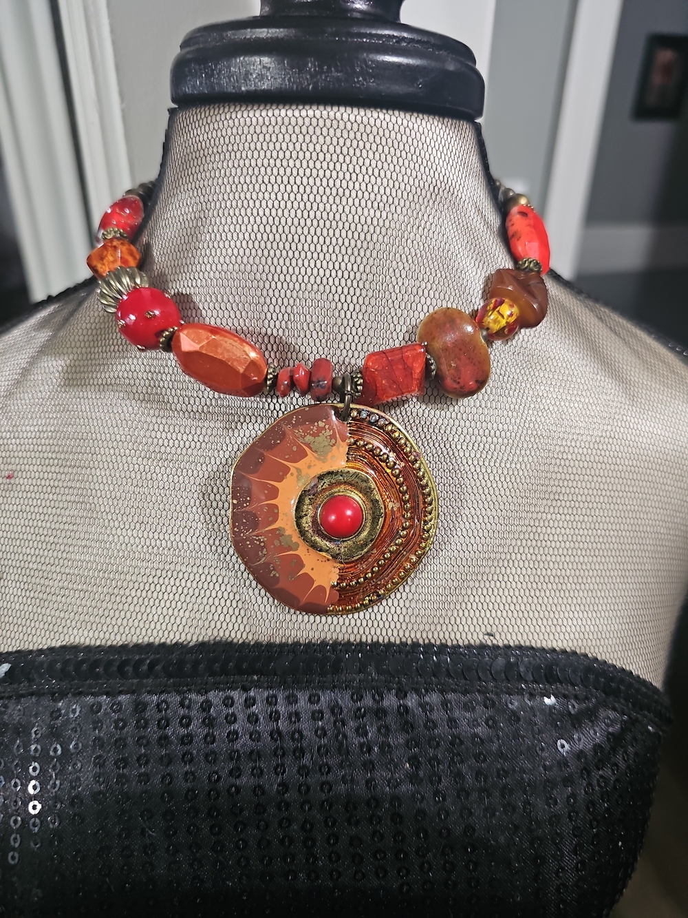 Handmade Red and Orange Statement Pendant Necklace